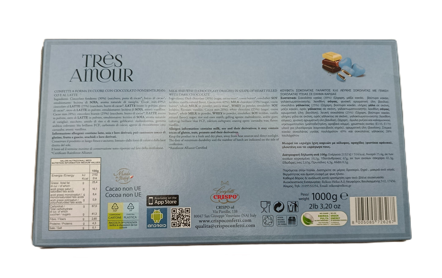 Confetti Tres Amour con Tre Strati di Cioccolato azzurro 1000g
