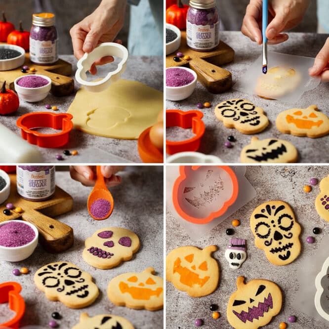 Biscotti Halloween a forma di zucca e teschio decorati con stencil