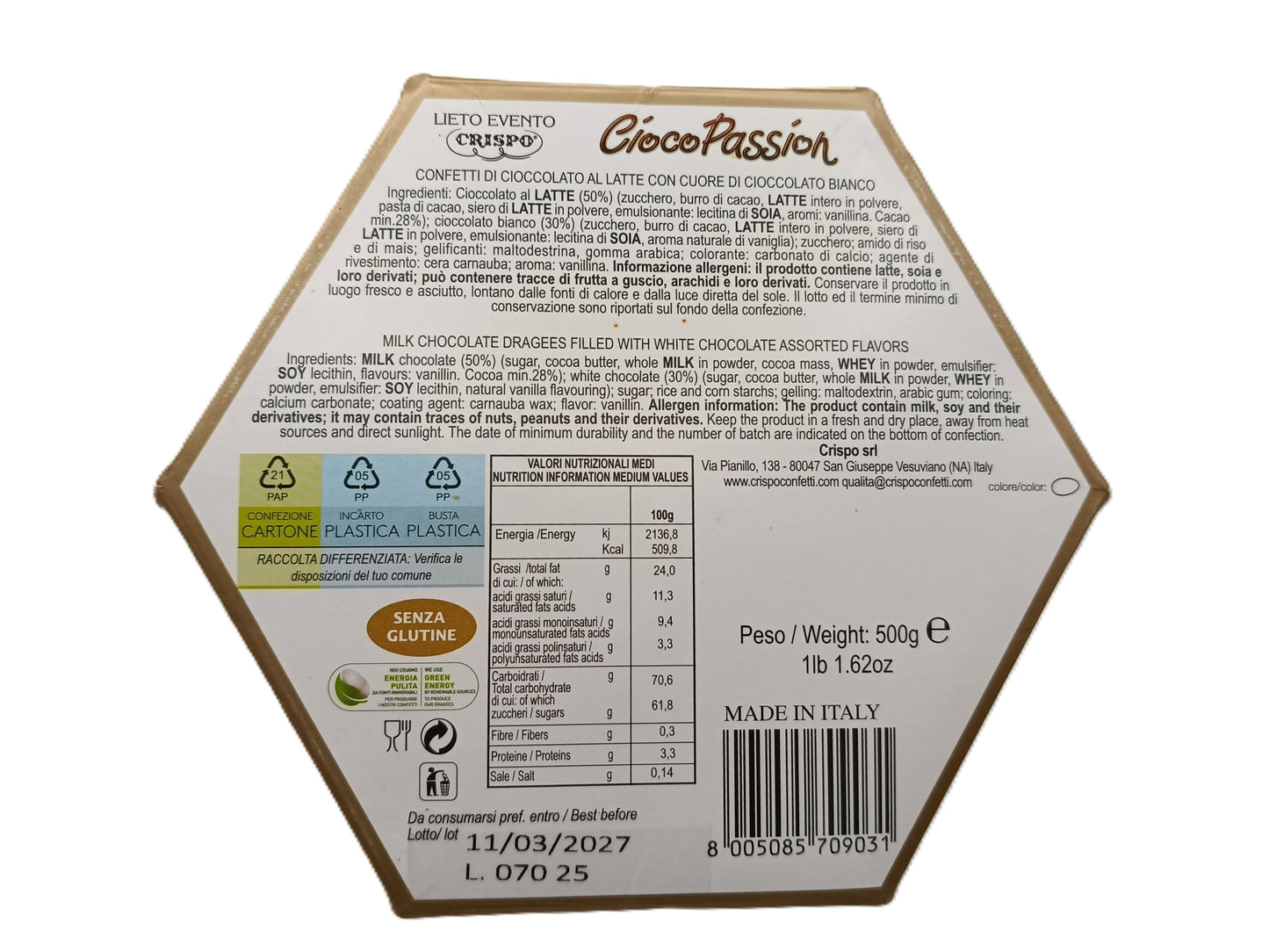 Confetti Crispo - Cioco Passion Bianco - 500 g Incartati Singolarmente