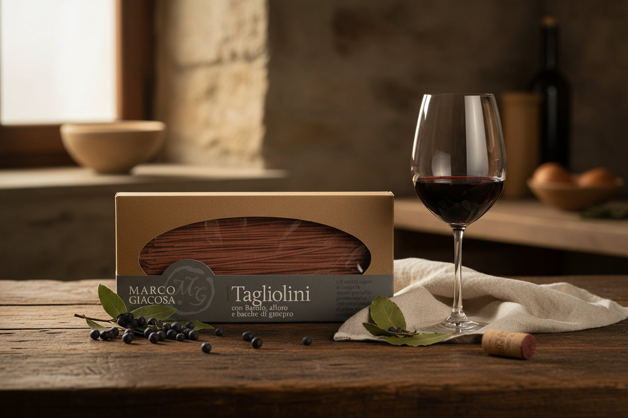 Tagliolini con Barolo, Alloro e Bacche di Ginepro Marco Giacosa - Pasta all'Uovo delle Langhe - 250gr